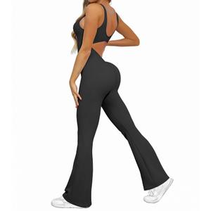 OVESPORT Workout Flare Jumpsuits Women Sexy Scrunch Butt Yoga Romper Backless Gym Bodycon V Back Seamless Unitard Playsuit Black, X-Large
