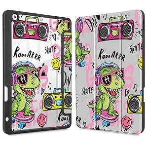 Mektron Printed Case for iPad 10.2 Inch, iPad 9th Gen 2021/ 8th Gen 2020/ 7th Gen 2019 Tablet Case, Buit in Pencil Holder with Shockproof Cover Clear Shell + Trifold Stand, Cool Dinosaur