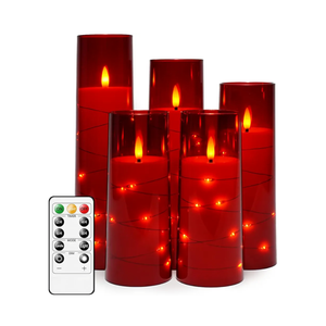 Flameless LED Candles with Timer 5 Pc Flickering Flameless Candles for Romantic Ambiance and Home Decoration Stable Acrylic Shell,with Embedded Star String，Battery Operated Candles（Red）