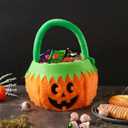 CHOIEO 2 Pcs Halloween Plush Pumpkin Baskets with Handles, Cute Candy Buckets for Trick-or-Treating and Halloween Party Decor (Orange Green Pumpkin Faces)