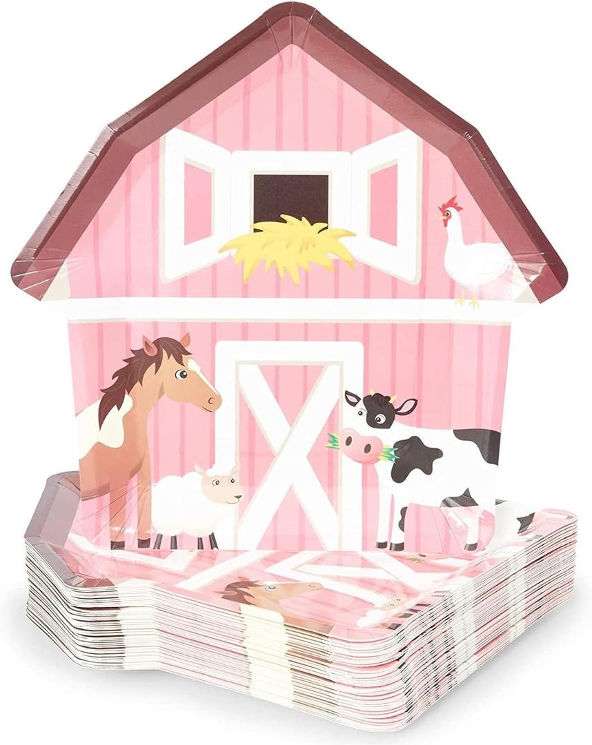 BLUE PANDA Pink Barnyard Plates for Farm Animal Birthday Party (10 x 10 In, 48 Pack)