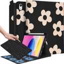 Wazzasoft for iPad 10th Generation Case with Keyboard - for iPad A16 Cases Pencil Holder 10.9 Inch Cover Women Girls Cute Girly Black Flower Unique Design Funda for Apple Tablet 10th/11th gen