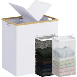 efluky Laundry Hamper with Lid, Double Laundry Basket with 2 Removable Bags, 2 Section Laundry Bin with Bamboo Handles for Bathroom, Bedroom & Laundry Room, 140L (36.9 Gallon) White, 140L Dual