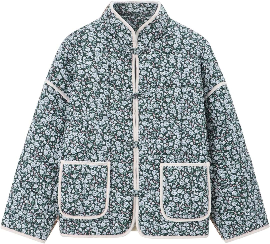 Muchpow Quilted Puffer Jacket for women Floral Printed Lightweight Cropped Button Down Outerwear with Pockets (Large, Blue)