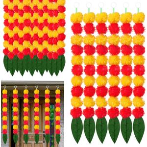 6 Pcs Marigold Garland for Decoration 2 ft Long Strands Faux Artificial Marigold Flowers with Mango Leaves Diwali Indian Wedding Party Mantle Decor for Da De Muertos Pooja Religious Pongal