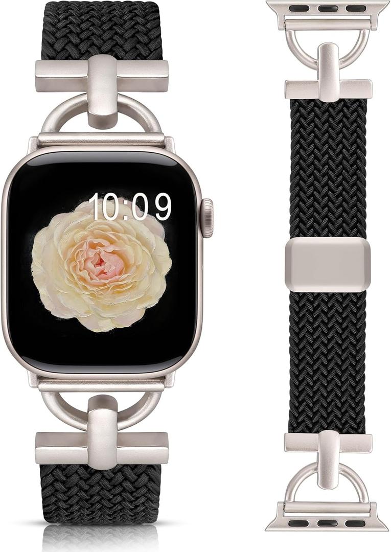 Wearlizer Braided Magnetic Band Compatible with Apple Watch Bands 42/46/38/40/41/44/45/49mm Women Men, Designer D-Shape Stretchy Elastic Nylon Strap for iWatch Series 11 10 9 8 7 6 5 4 SE/Ultra 3 2 1 (Black/Starlight)