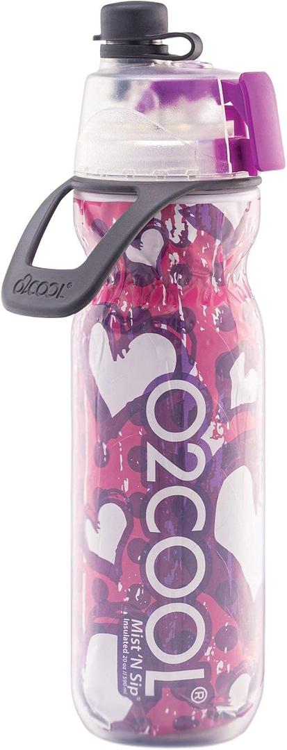 O2COOL Mist 'N Sip Misting Water Bottle 2-in-1 Mist And Sip Function With No Leak Pull Top Spout (Hearts)