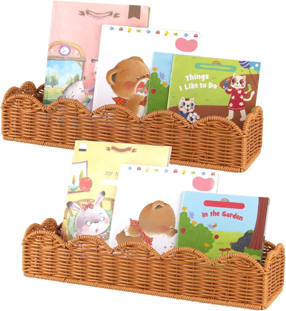 Nursery Book Shelves 2PCS Scalloped Book Shelf for Kids Rooms Artificial Rattan Nursery Bookshelf Wall Hanging Floating Book Shelves for Wall Bedroom Living Room Decor