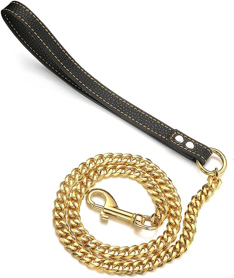 3FT/4FT/5FT Strong Gold Dog Chain Leash, 11/15mm Wide Stainless Steel Cuban Link Chain, Easy Hook,with Genuine Leather Handle, Short Leash, Long Leash, for Large/Medium/Small Dogs (11mm,3FT) (Length:3FT(36inch))