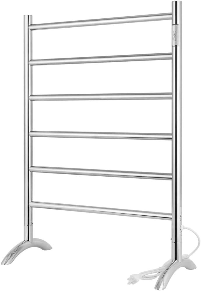 Freestanding Towel Warmer 6 Bars Plug-in Option 3 Working Modes Mirror Polished Stainless Steel 24W 34H