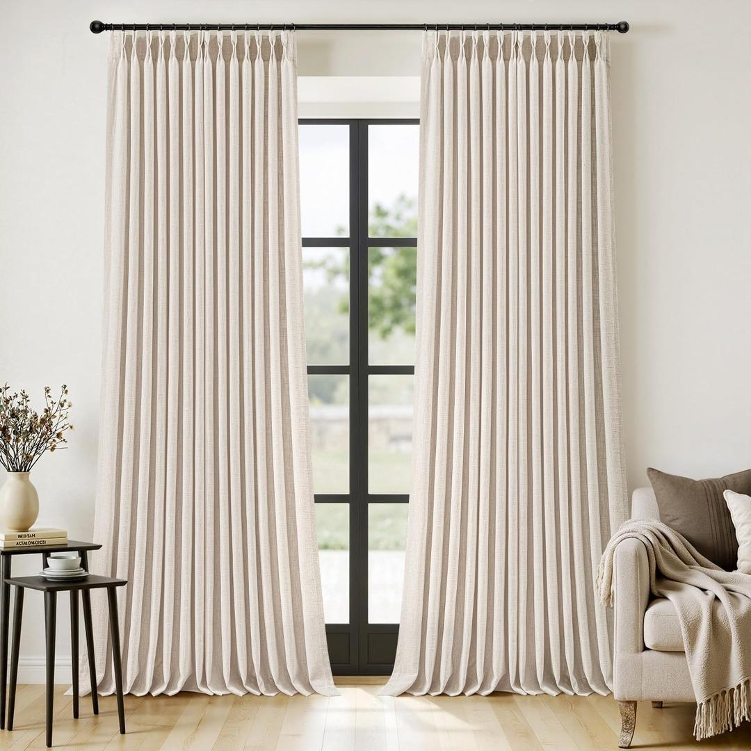 MIULEE Pinch Pleated Thick Linen Curtains 102 Inches Long 2 Panels for Living Room Bedroom, Memory Trained Pleat Drapes Back Tab Light Filtering Boho Cream Ivory Window Curtains with Hooks