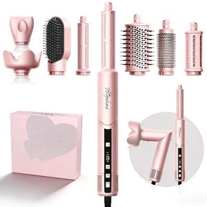 8-in-1 Hair Dryer Brush & Hot Air Styler, 110,000 RPM Blow Dryer Brush Foldable LCD Display, 4 Heat Settings Auto Curler Fast Drying Curling Straightening for Salon & Travel (Pink)