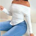 SweatyRocks Women's Long Sleeve Off The Shoulder Asymmetrical Ruched Slim Fit T Shirt Top (White, M)
