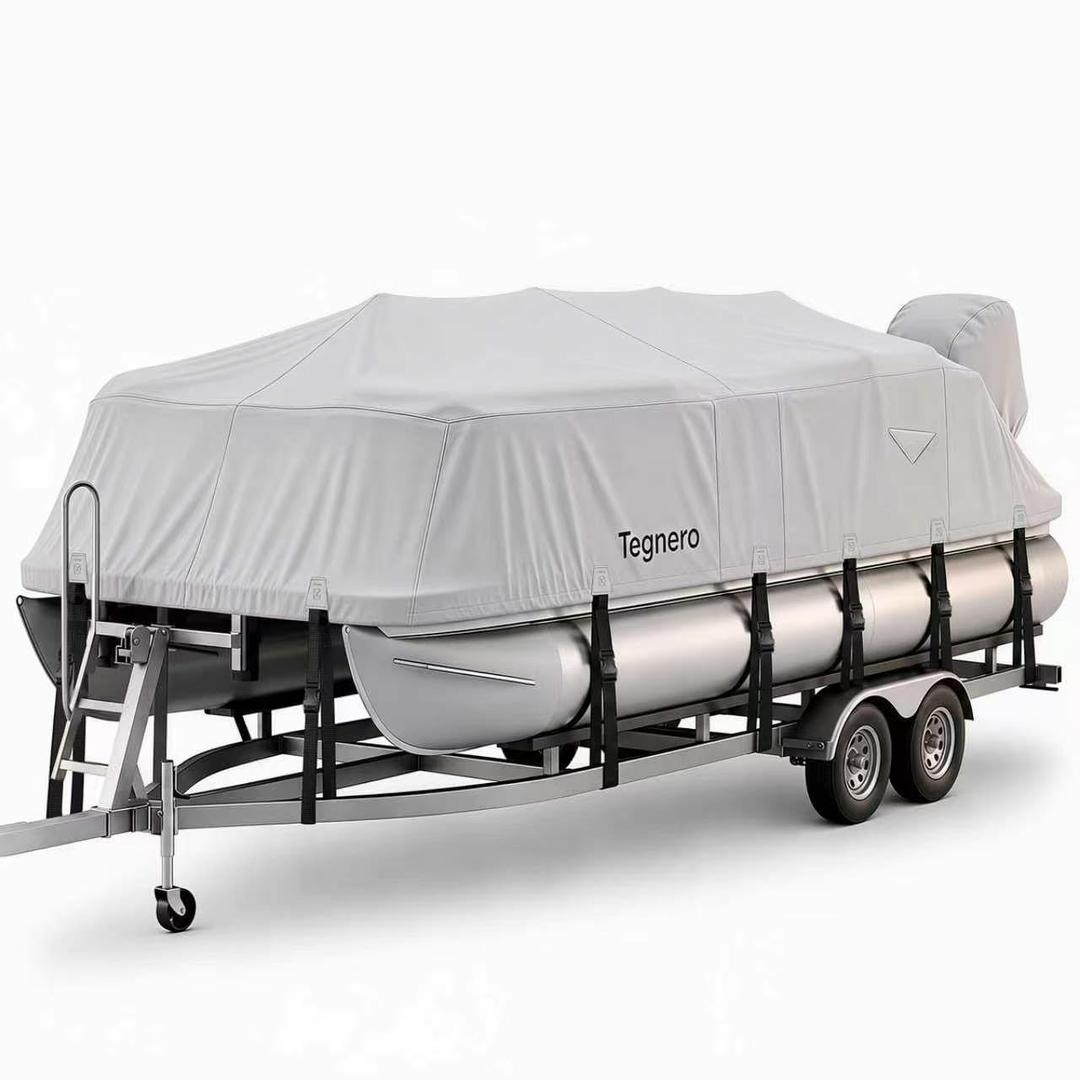 1200D Pontoon Boat Cover 21–24ft,with 16 Adjustable Tie Down Straps, Gray