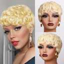 613 Blonde Curly Pixie Cut Wigs 100% Human Hair for Women, Honey Blonde 613 Short Curly Deep Wave Human Hair Wig Fashion Curly Wavy Pixie Cut Glueless Wig Daily Wear Cosplay Party Wigs With Bangs