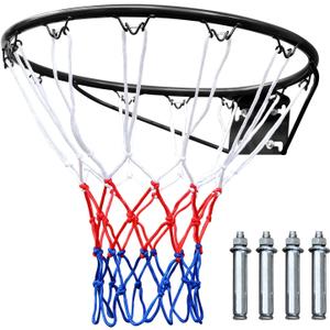 Basketball Rim Replacement Standard 18" Steel Rim Wall Mounted Basketball Goal Hoop with Net for Indoor Outdoor