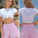 EXLURA Womens Cotton Boxer Shorts Faux Linen Gingham Shorts Summer High Waist Plaid Y2K Beach Bottoms Vacation Outfits 2026 (Pink, L)