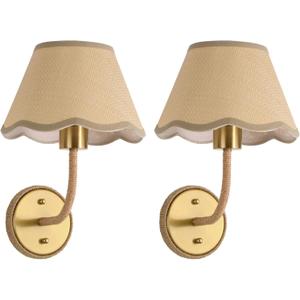 Boho Rattan Wall Sconces Set of Two Gold Farmhouse Wall Lamp Rustic Brass Wall Mount Light Hardwired Wall Sconces Lighting for Bedroom Living Room Hallway Vanity, E26 Base, 2 Pack