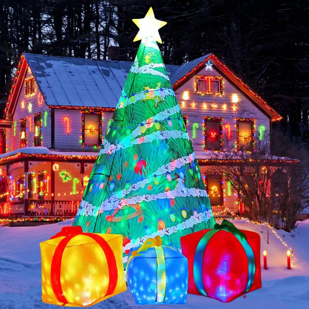 COMIN 7 FT Christmas Inflatables Tree Outdoor Decorations Blow Up Yard Present Box with Built-in LEDs for Indoor Party Garden Lawn Decor