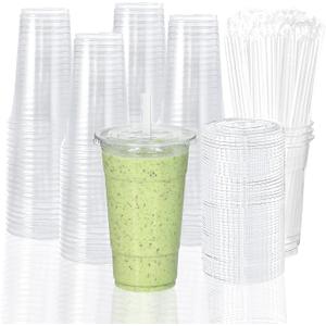 TashiBox 100 Sets – 24 oz Clear Plastic Cups with Flat Lids and Straws – Smoothie & Iced Coffee Disposable Cups – Large Meal Prep Crystal Cups with Lids