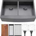 VCCUCINE 33 Inch Gunmetal Black Double Farmhouse Sink, 33X22 Double Bowl Undermount Farmhouse Kitchen Sink, 16 Gauge 50/50 Stainless Steel Apron Front Farm Sink, Workstation Sink With Accessories