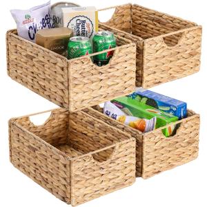 Water Hyacinth Pantry Baskets Set of 4, 12.5 x 9.5 x 6in Wicker Storage Baskets for Shelves, Pantry Baskets Organization, Bathroom Shelves Storage Basket