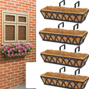 4 Pack 32IN Window Box Railing with Adjustable Brackets, Hanging Flower Planter Basket with Coco Liner for Outdoor Balcony Porch Fence Patio (Black)