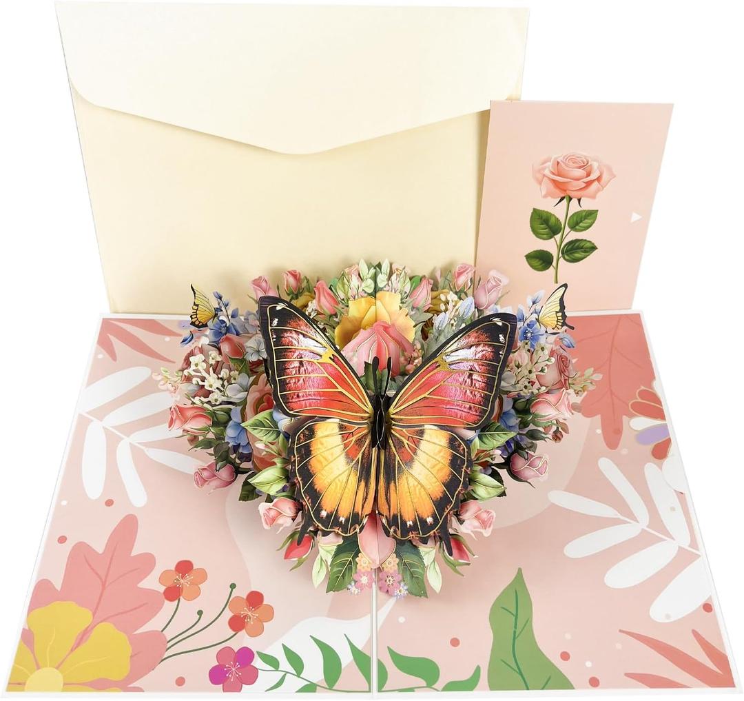 4 x Butterfly 3D Pop-Up Greeting Card  Elegant Floral Pop-Up Card for Wife Husband Girlfriend Boyfriend Mom Dad Mother Father Birthday Wedding Anniversary Thanksgiving Day Christmas Day (Orange)