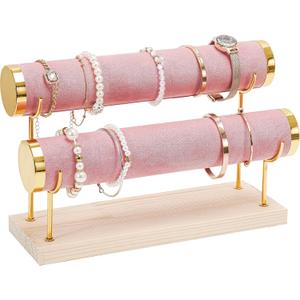 ProCase Bracelet Holder Display Bracelet Organizer Stand, Gold Detachable Bangle Storage Rack for Selling, Velvet Wrap Watch Holder with Wooden Base for Women Girls, Business Supplies - 2 Tier, Pink