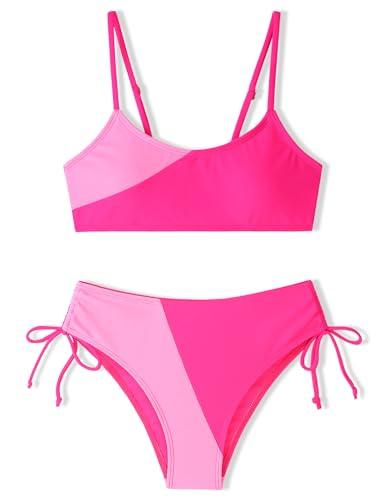 FoWear Girls Swimsuits Bikini Set 2 Pieces Rose Powder Patchwork Color Block Bikini with Adjustable Shoulder Strap Girls Bathing Suits Size 8-10