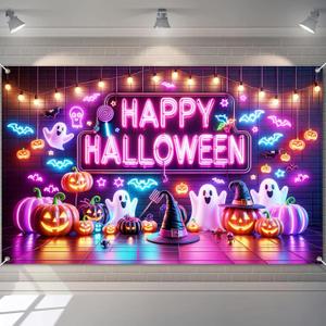 Halloween Banner 71x43 Inch Neon Ghost Pumpkin Backdrop Indoor Outdoor Trick or Treat Party Decoration Wall Hanging Spooky Glow Theme for Fence Room Porch Photo Booth