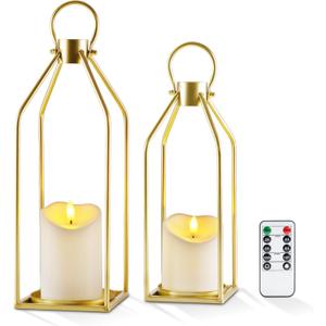 Homemory Modern Farmhouse Lantern Decor with Waterproof Flameless Candle & Remote Timer, 2PCS Gold Metal Candle Lantern Decorative for Outdoor Indoor Home Living Room Patio Porch Table (Gold)
