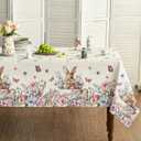 Horaldaily Easter Tablecloth 60×104 Inch Rectangular, Bunny Rabbits Butterflies Cups Anemone Washable Seasonal Table Cover for Party Picnic Dinner Decor
