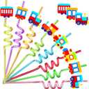 24 Pack Train Theme Shaped Straws - Reusable Plastic Straws with Cartoon Decoration - Kids Party Supplies - Birthday Party Favors with 2 Cleaning Brushes