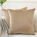 Encasa XO Velvet Throw Pillow Covers 18x18 in (45x45 cm) - Beige - No Inserts, Pack of 2 Cases | Solid Plain Dyed Soft & Smooth, Square Decorative Cushion Covers for Living & Bedroom