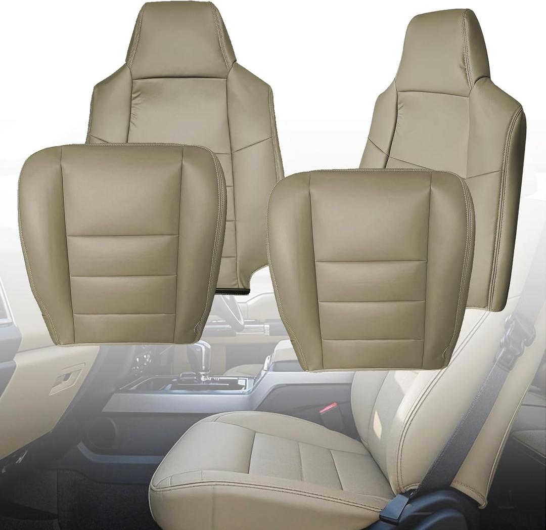 Driver and Passenger Side Bottom Replacement Seat Cover & Top Lean Back Compatible with Ford F250 F350 2002 2003 2004 2005 2006 2007,Tan Microfiber Leather Seat Protector Cover