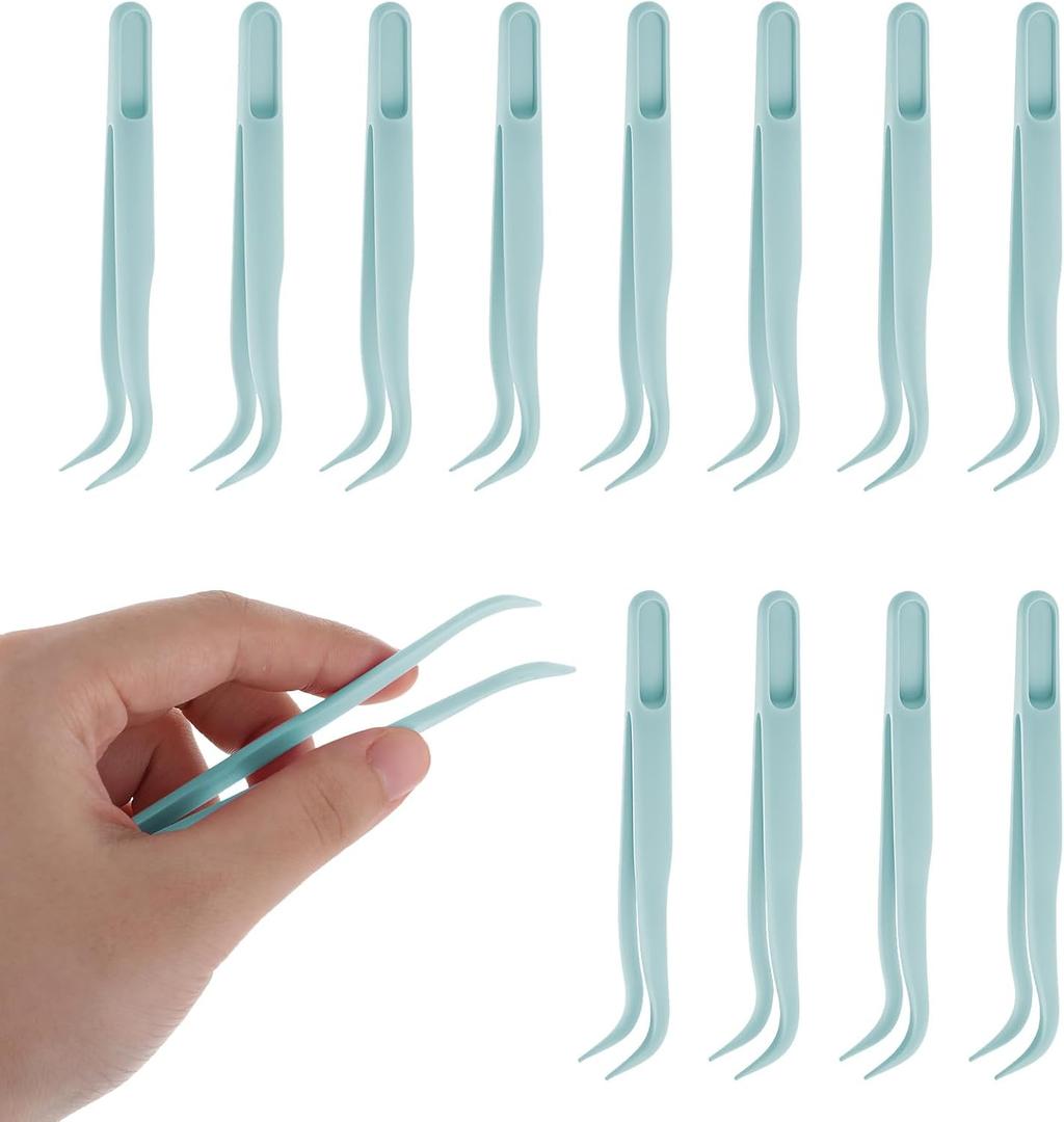JJUNW 12pc Plastic Tweezers, 4.5 Inch Bent Tweezers for Kids DIY Jewelry Making, Crafts, Baking Decoration, Reptile Feeding, Blue