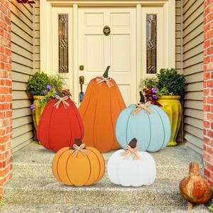 5 Pcs Outdoor Pumpkins for Porch Fall Thanksgiving Decor Rustic Wooden Stack Pumpkin Porch Standing Decorations Vintage Fall Decor Pumpkin Sign for Autumn Front Door Lawn Garden Yard Patio