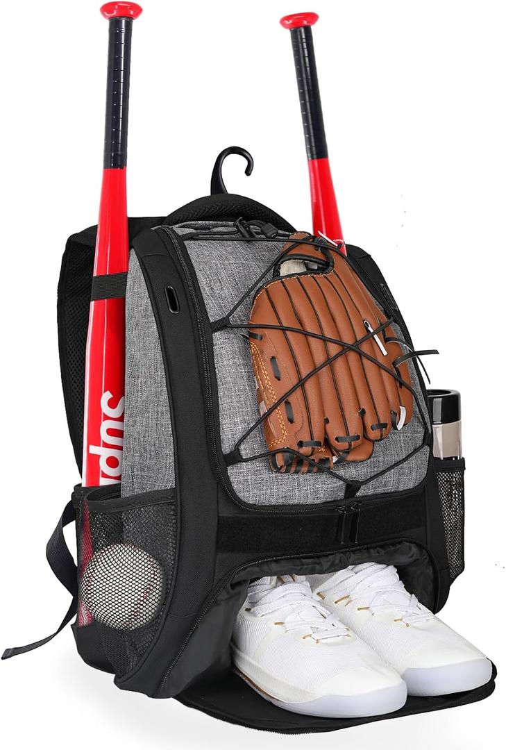 Goloni Baseball Bag,Backpack for Baseball, T-Ball & Softball Equipment & Gear,Softball Bag with Shoe Compartment,Fence Hook (Grey)