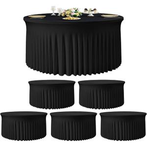 6Pack Black Round Spandex Tablecloths for 72inch/6FT Tables - Stretchy Fitted 6FT Round Table Cloths Wrinkle Free 132inch Table Cloth with Skirt for Wedding Birthday Graduation Party Banquet
