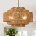 MeiShiDeng 19.68" Boho Chandelier Light Fixtures,5-Tier Hand-Woven Rattan Chandelier,4-Light Farmhouse Drum Wicker Hanging Pendant Light for Dining Room Kitchen Island Bedroom Living Room Foyer