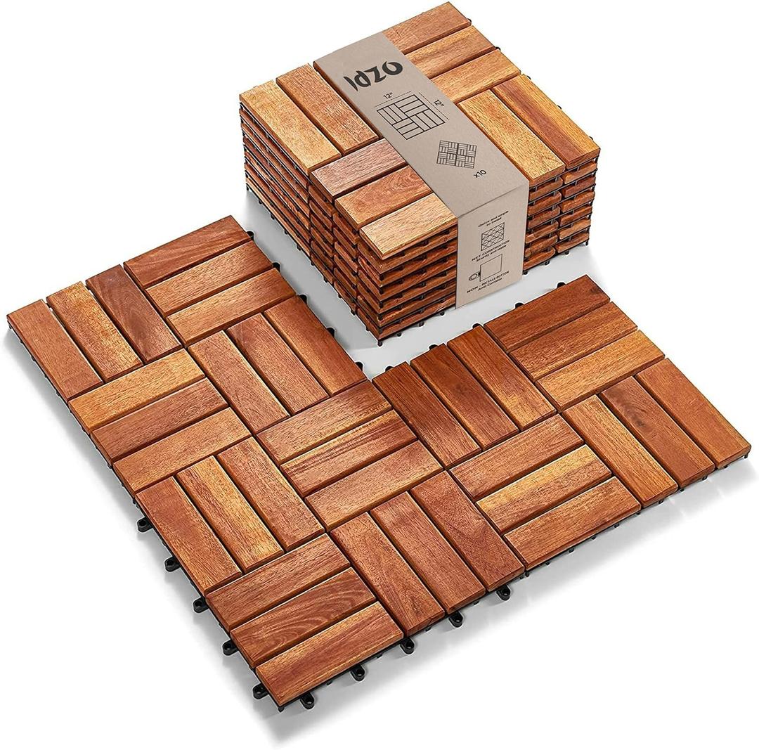 Idzo Interlocking Deck Tiles - 10PCS Waterproof Acacia Wood Patio Tiles, Flooring Tiles for Both Indoor and Outdoor - Decking Checker Pattern, 12 x 12 x 0.9 Inches, Golden Teak (Acacia Wood - Golden Teak - Checker Pattern)