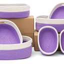 HLWDFLZ 7 Piece Cotton Rope Woven Basket Set - Small Basket for Baby Nursery, Pets, Montessori, Dog & Cat Toy Boxes, Bathroom Organization Bins (White/Purple)