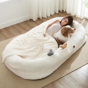 Human Dog Bed for Adult - Luxury Faux Fur Giant Size Dog Bed with Portable Handle, Egg Orthopedic Foam Bed with Blanket, 72"x40"x10", Ivory White