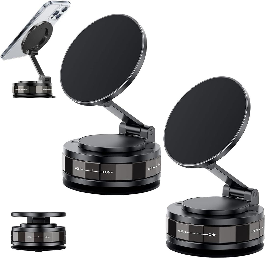 2Pcs Suction Cup Phone Mount, Upgraded 360 Adjustable Vacuum Magnetic Phone Holder for Car/Gym/Mirror/Smooth Surface, Foldable Car Mount Ultra Suction Magnetic Cell Phoneholder with All Smartphones