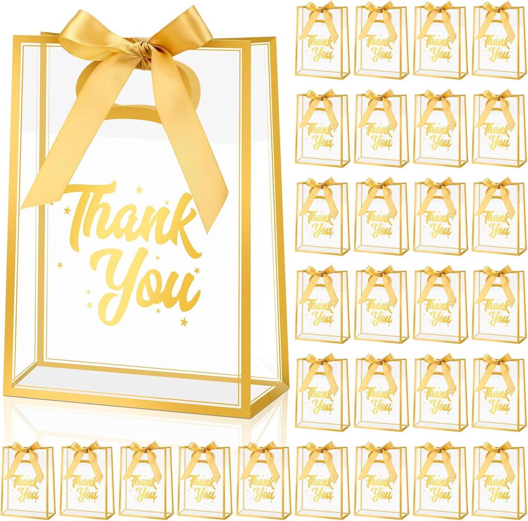 Marspark 30 Pcs Clear Thank You Gift Bags with Handle, Clear Plastic Gift Bag with Ribbon Transparent Tote Bags for Wedding, Birthday, Party Favors, 10.24 x 7.09 x 3.15 Inch (Gold), 1 count