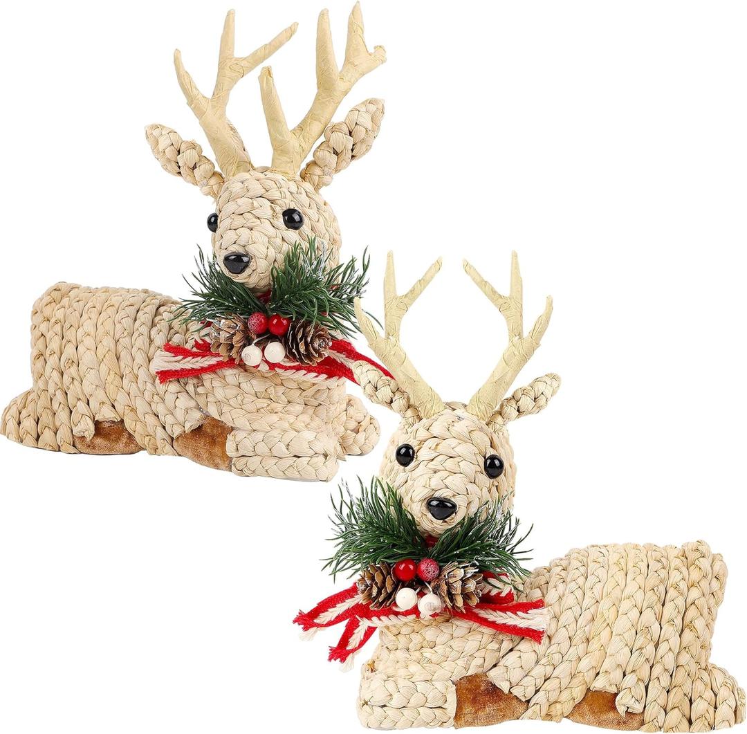 Lulu Home Set of 2 Christmas Tabletop Decor, Straw Woven Reindeer Figurines Rustic Tabletop Ornaments for Holiday Centerpiece, Fireplace Mantel, Shelf and Indoor Xmas Decorations