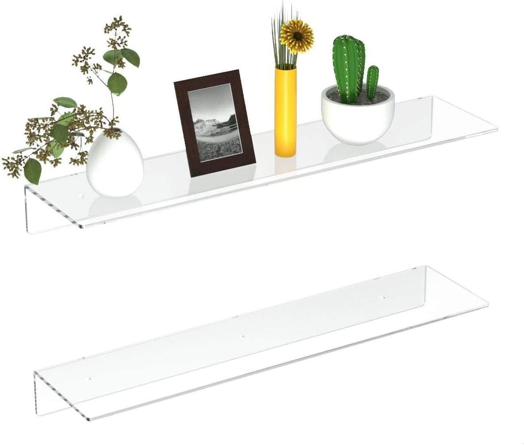 FEMELI 2 PCS 24" Acrylic Floating Shelves, Clear Shelf for Display, Plant, Perfume, Book in Bedroom Living Room Office, 5mm Thick Wall-Mounted Acrylic Shelves for Wall