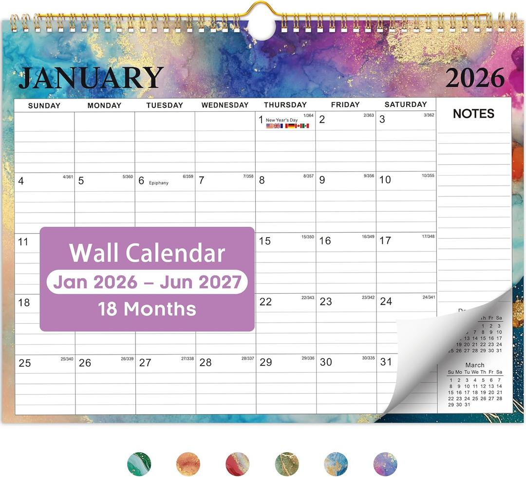 2 x Calendar 2026-2027, 18-Month Wall Calendar from Jan 2026 to Jun 2027, 11.5" x 14.7", Spiral Binding Hanging Monthly Calendar with Twin-Wire Binding, Perfect for Home or Office - Gilded Elegance