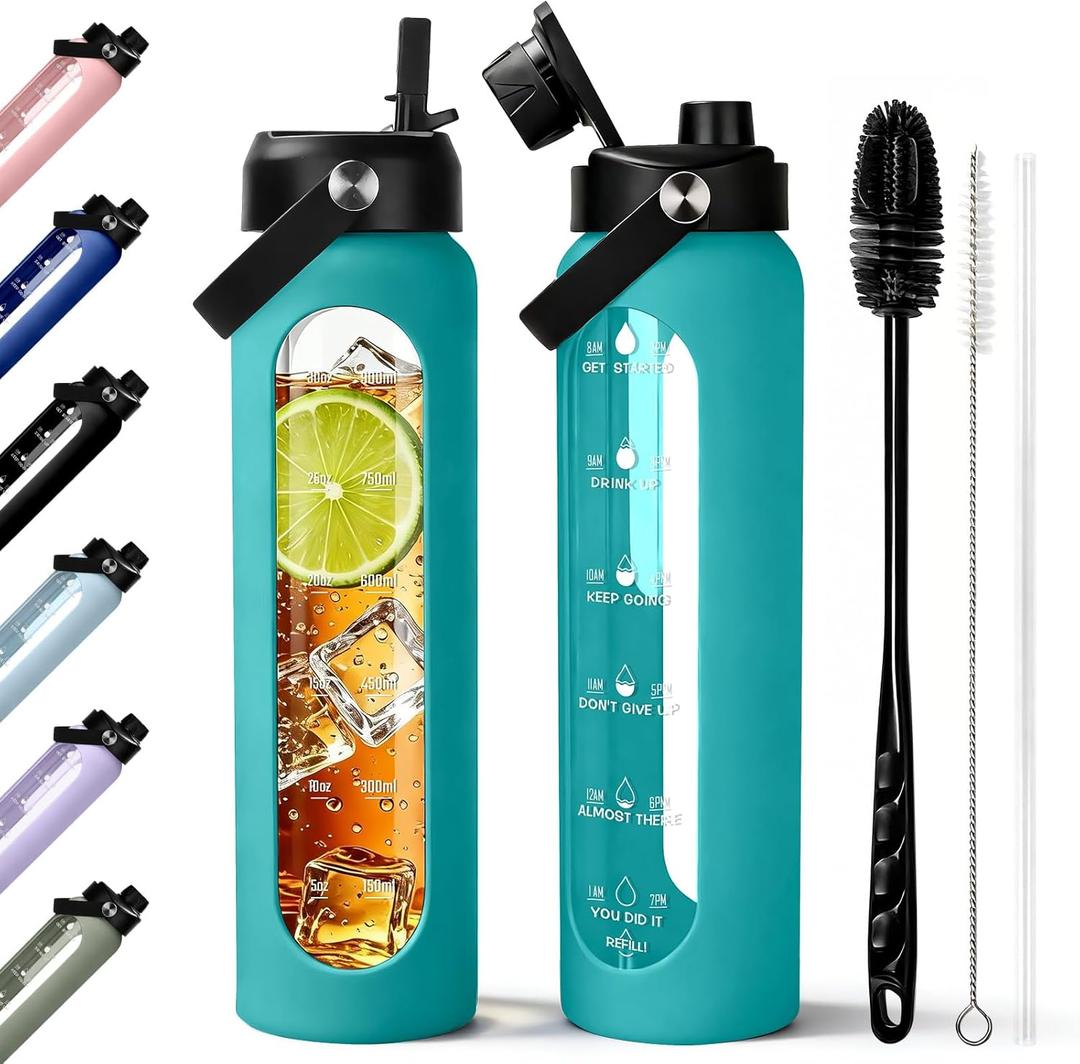 Aqulea 32 oz Glass Water Bottle with 2 Lids – Spout & Straw Lids, 1L Motivational Borosilicate Glass Water Bottle with Time Marker & Silicone Sleeve, Leakproof (Aqua)